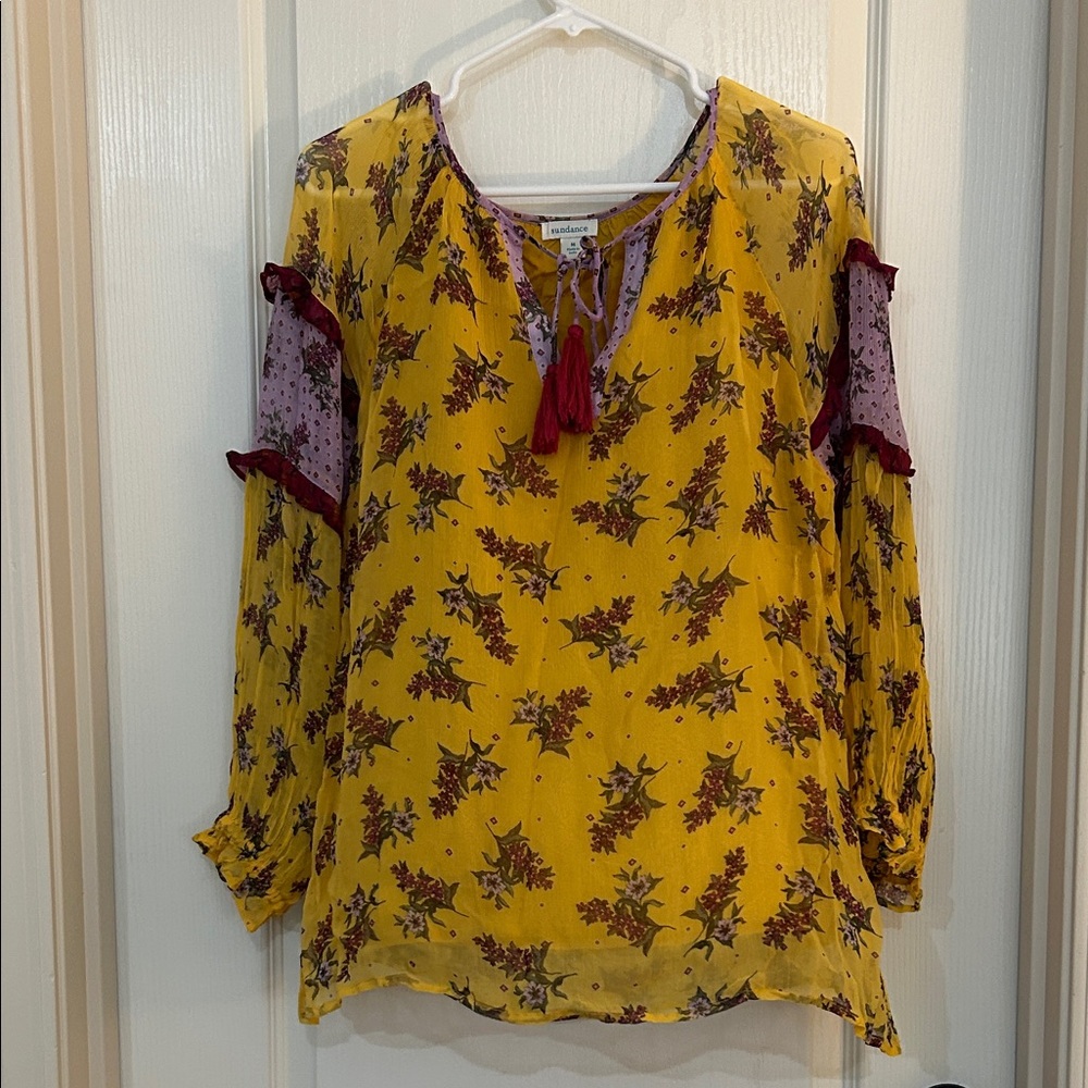 Sundance Yellow Floral Blouse with Burgundy Details